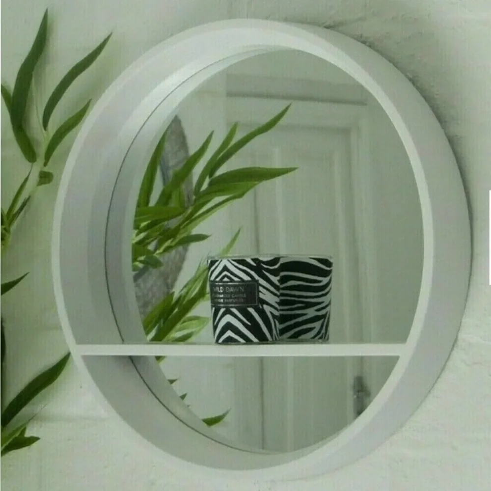 WHITE MIRROR GLASS  DISPLAY SHELF MODERN ROUND WALL UNIT BATHROOM BEDROOM